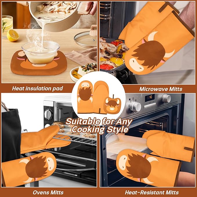 Oven Mitt, Cute Highland Cow Oven Mitts and Pot Holders Sets, Oven Mit Kitchen Mitts for Oven, Oven Mitts Heat Resistant Highland Cow Kitchen Decor & Gifts for Housewarming