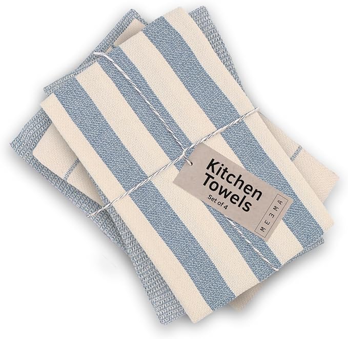 MEEMA Upcycled Spring Kitchen Towels Cotton Fabric | Super Absorbent Hand Towels with Hanging Loop | Cleaning Rags and Dish Towels for Kitchen | Blue Stripes | Large 18 x 28 Inch | 4-Pack