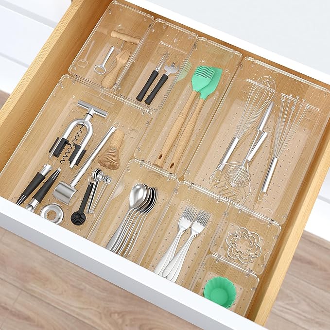 StorMiracle 23 PCS Clear Plastic Drawer Organizers Set, 4 Size Desk Drawer Organizer Trays for Makeup, Jewelry, Kitchen Utensils, Gadgets and Office Accessories