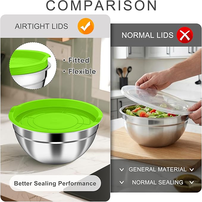 HaWare Mixing Bowls with Airtight Lids, 6-Piece Stainless Steel Salad Bowls, Strong Nesting Bowls for Cooking, Prepping, Baking, Serving & Food Storage, Stackable Design, Size 4.6, 3, 1.5QT, Colorful