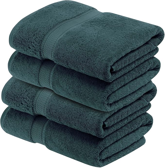 Superior Egyptian Cotton Pile Bath Towel Set of 4, Ultra Soft Luxury Towels, Thick Plush Essentials, Absorbent Heavyweight, Guest Bath, Hotel, Spa, Home Bathroom, Shower Basics, Teal