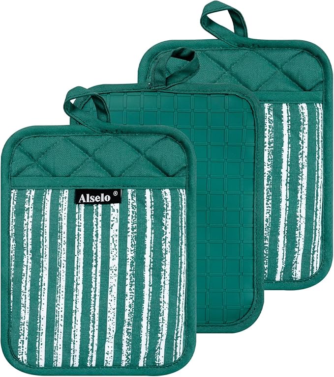 Alselo Silicone Pot Holders Set of 3 Heat Resistant & Non Slip Potholders, Professional Oven Hot Pads with Pockets Mitts for Kitchen Cooking Baking Barbecue (Emerald Green, 3)