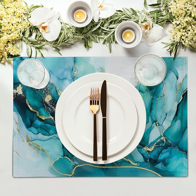 Giwawa Teal Marble Placemats Set of 4- Turquoise Blue Gold Marbling Linen Place Mat 12x18 Inch- Modern Stone Print Washable Heat Resistant Table Mats for Kitchen Dining Indoor Outdoor Decor