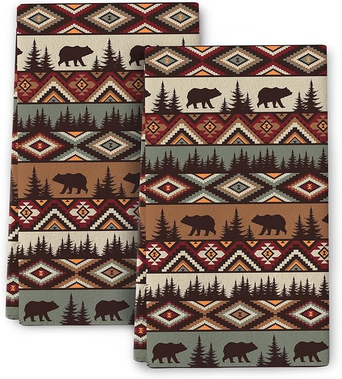Vintage Rustic Dish Towels for Kitchen Drying Set of 2, Soft Absorbent Bear Mountain Kitchen Towels Brown Tea Towel, Country Cabin Decor Hand Towel for Farmhouse Home Decorations 16x24 Inch