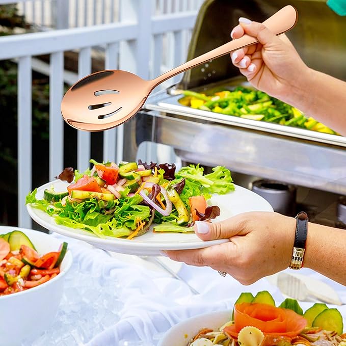LIANYU 6-Piece Large Copper Serving Spoons, Stainless Steel Copper Slotted Spoons, Rose Gold Serving Utensils for Party Buffet Restaurant Banquet Dinner Catering, Dishwasher Safe, 9.8Inch