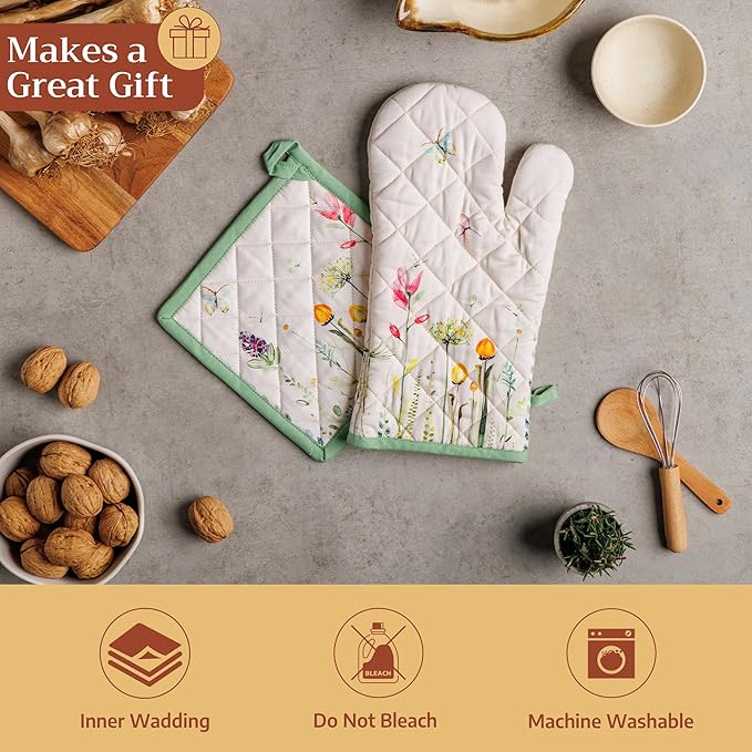 Maison d' Hermine 100% Cotton Oven Mitt & Pot Holder Set (7.5"x13" & 8"x8") Heat Resistant Cooking Gloves with Loop Baking Grilling Kitchen Gifts for Mothers Day Spring/Summer (Botanical Fresh)