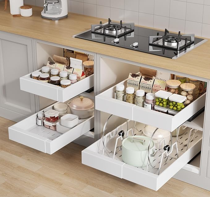 Seinloes 4 Pack Pull out Cabinet Organizer 21" Deep With Raising Pad for Framed Cabinets, Expandable (9"-14" W) Slide out Drawers for Kitchen Cabinets with 4pcs Divider Racks, Roll out Shelves, White