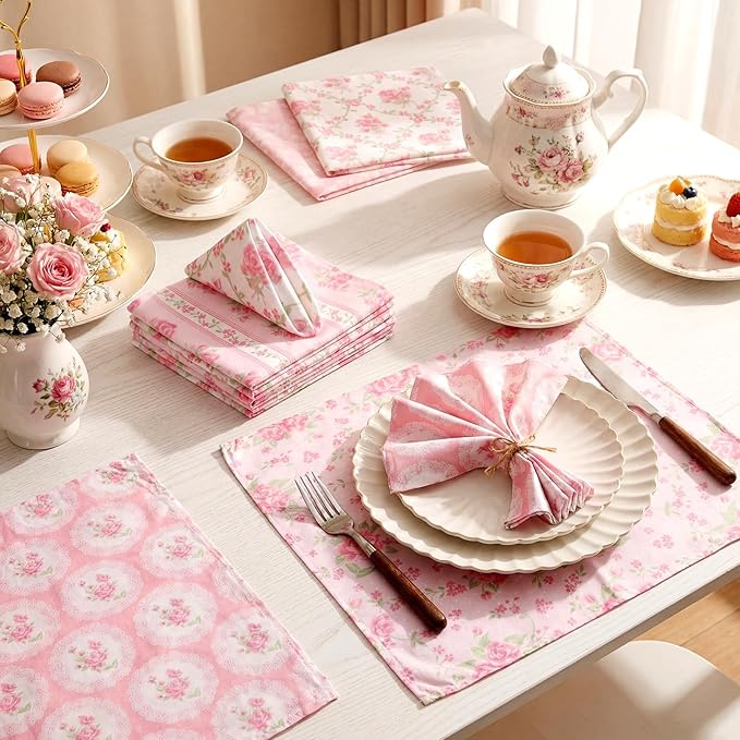 12 Pcs Floral Cloth Napkins 6 Patterns Washable Dinner Tea Party Napkins Reusable Plant Flowers Square Napkin Cotton Towel Decorative for Spring Wildflower Party (Pink Flowers)