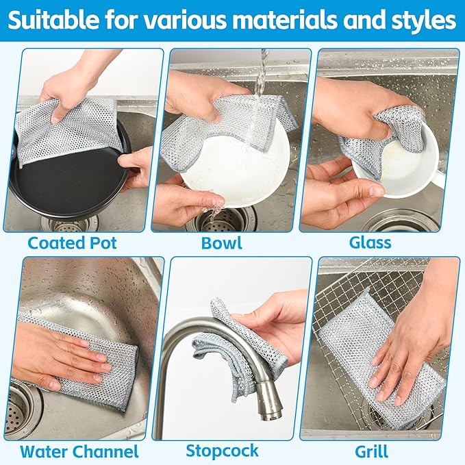 12Pack Multipurpose Wire Dishwashing Rags, Upgrade Non Scratch Wire Dishcloth, Silver Mesh Dish Cloths, Reusable Metal Mesh Cleaning Cloths, Steel Scrub Rags for Kitchen/Stove/Oven/Bath