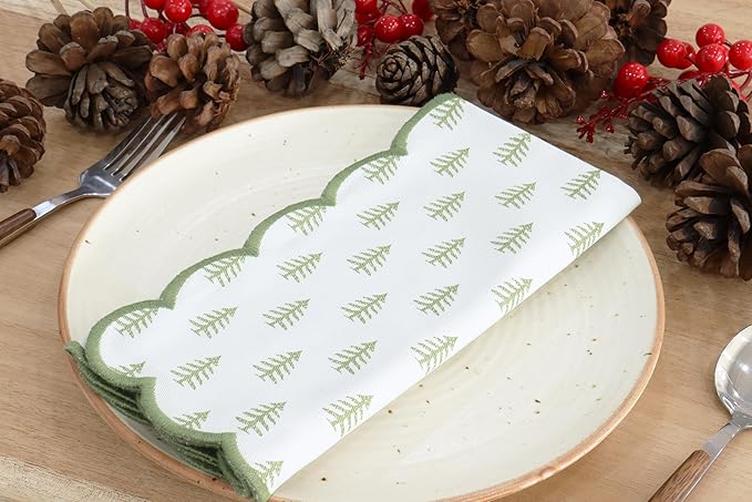 PurpleEssences Scalloped Embroidery Cloth Napkins - Spring Easter Summer - Table Decor - 100% Cotton - Set of 4-18x18 inch - Christmas Tree - Edges - Sage Green
