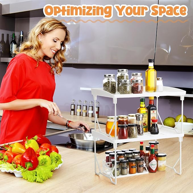 12 Pack White Stackable Plastic Kitchen Storage Shelf Foldable Racks, Pantry Shelf Cabinet Organizers, Expandable Storage Rack for Cabinet Fridge Bathroom (Plastic)