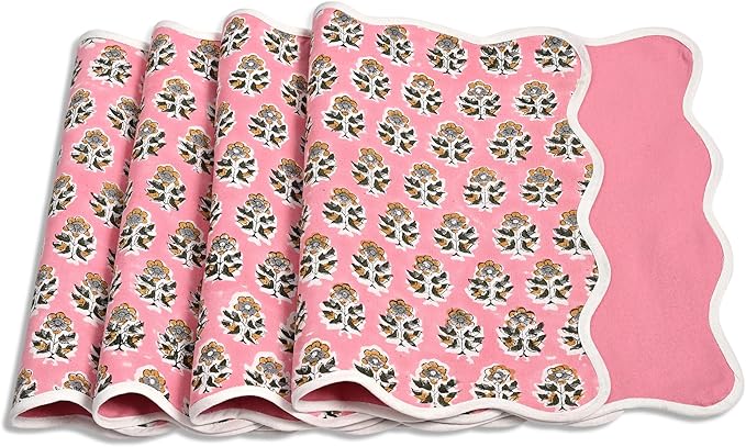 CPC Cotton Placemats Poopy Pink Set of 4-Hand Block Printed Reversible Placemats, Flower Scalloped & Embroidered Cloth Table Mats - 14 x 20 inch Gift for Spring, Mother's Day