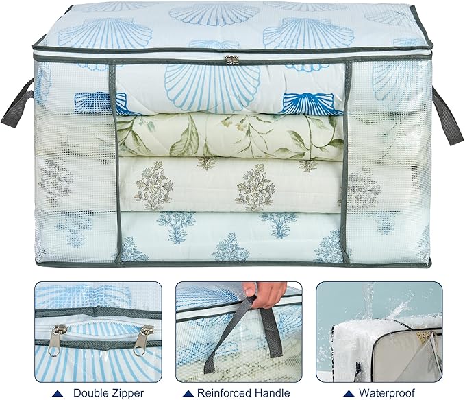 MKOKYD 80L Clear Large Storage Bag, Clothes Storage Containers for Organizing Closet, Bedroom, Underbed, Comforters, Clothing, Blankets, Pillow, Foldable Organizer with Sturdy Handle and Zippers (4)