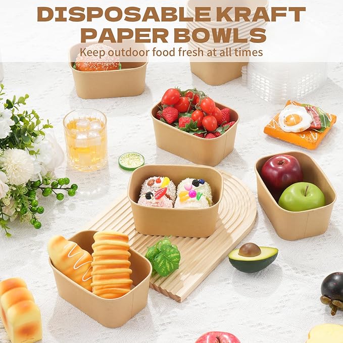 50 Pack 33oz Disposable Kraft Paper Bowls with Lids, Rectangle Meal Prep Containers Bulk, Large Paper Salad Bowl, Leakproof Food Containers Treat Soup Serving Bowls, Microwave Safe for Hot/Cold Food