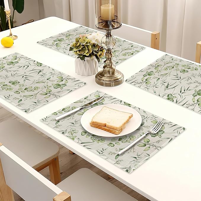 Eucalyptus Leaves Placemats Set of 6 Linen Heat Resistant,Elegant Flower Table Mats Washable Rustic Place Mats Decoration for Home Kitchen Dining Room Party 12x18 Inch