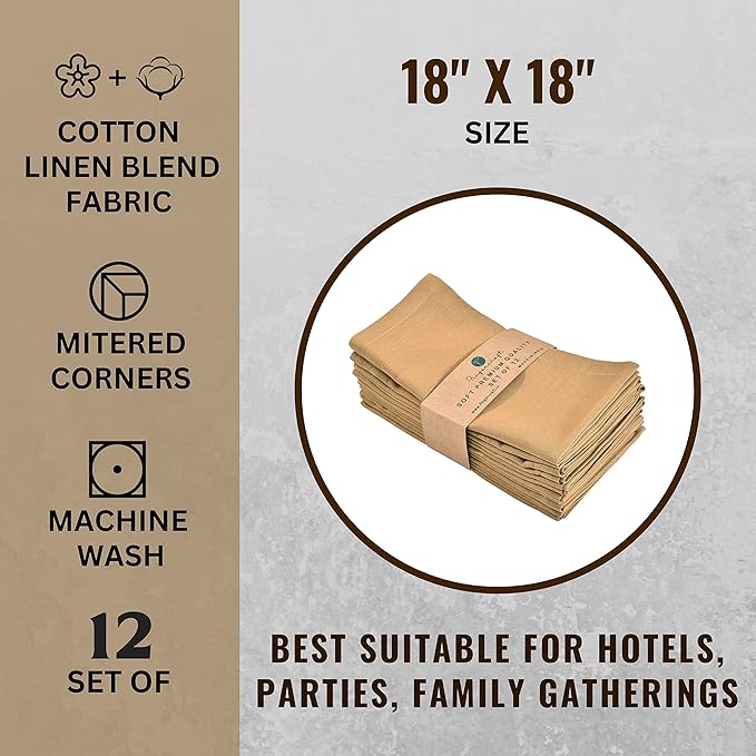 FINGERCRAFT Dinner Cloth Napkin Cotton Linen Blend 12 Pack Natural Premium Quality Mitred Corner for Every Day Use Pre Shrunk and Good Absorbency 18x18 in Easter Color Khaki Beige