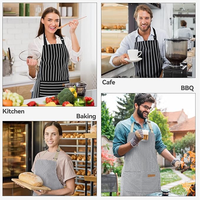 NLUS 2 Pcs Kitchen Cooking Aprons, Poly/Cotton Blend Adjustable Soft Bib Stripe Aprons with 2 Pockets for Women Men Chef (Blue Pinstripes/Black Stripes)