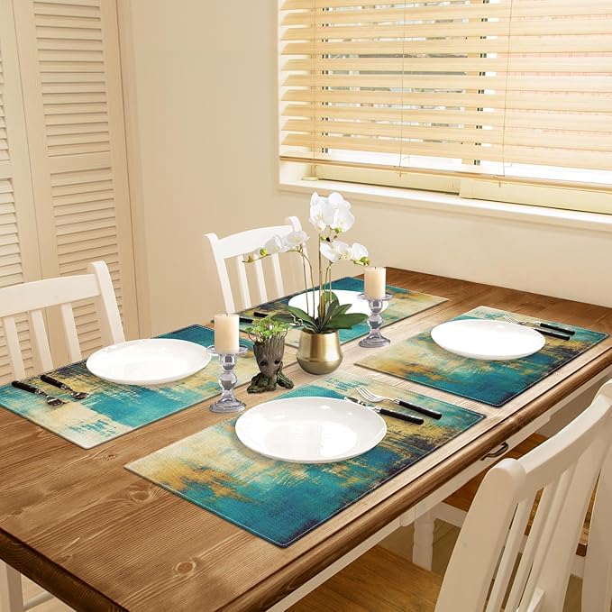 Emvency Farmhouse Placemats Set of 4, Abstract Turquoise and Yellow Vintage Art Painting 12x18 Inch Table Mats for Outdoor Home Party Kitchen Dining Decoration