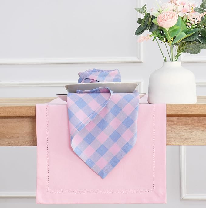 PurpleEssences Buffalo Plaid Cloth Napkins - Mitered Corners - Spring Easter Summer - Gingham Check Dinner Napkin - Set of 12-100% Cotton - 18x18 Inch - Reusable Washable - Light Blue and Blush Pink