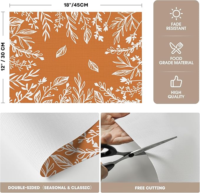 Artoid Mode Orange Weed Wild Flower Vinyl Plastic Placemats Set of 4, 12x18 Inch Woven Washable Non-Slip PVC Place Mats for Party Kitchen Dining Decor