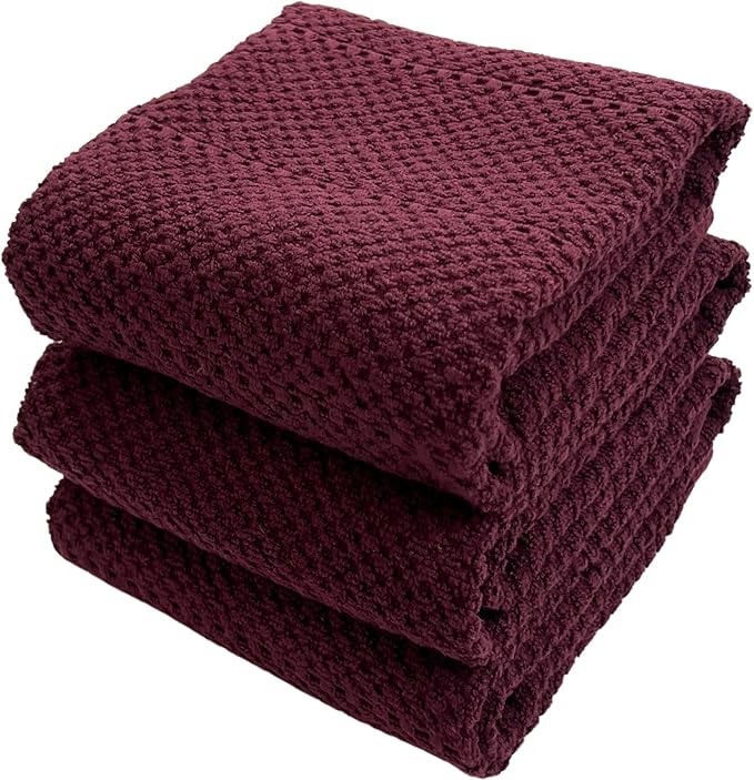 Serafina Home Purple Burgundy Wine Kitchen Hand Dish Towels: Oversized 28" x 18",100% Cotton Cloth Soft Cleaning Drying Absorbent Textured Design, Set of 3 Multipurpose for Everyday Use (Wine)