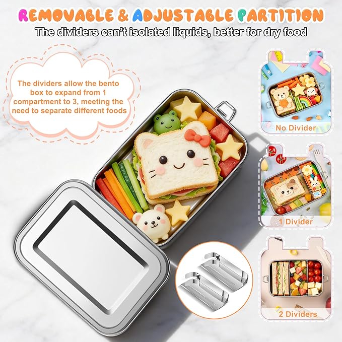 TeamFar Stainless Steel Bento Box, 2 Pack 28oz/850ml Metal Lunch Box with 3 Compartments for Adults Kids, Small Lunch Food Containers for School/Work/Meal Prep, Leak-Proof & Dishwasher Safe