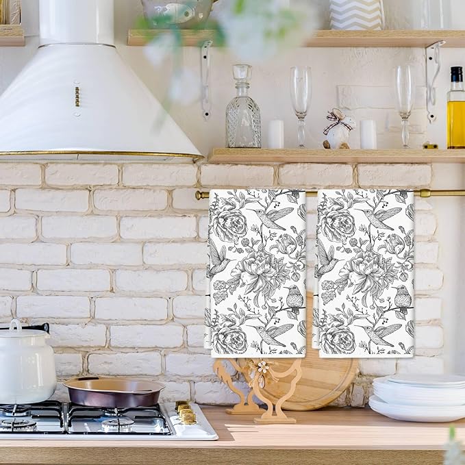 Flower Bird Kitchen Towel White Black Dish Towel 18 x 28 Inch Retro Floral Hand Drying Tea Towel for Cooking Baking Party Supplies, 2Pcs