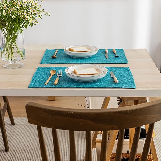 Kevin Textile Set of 4 Placemats Heat Resistant Dining Table Place Mats Kitchen Table Mats, Peacock Blue, 13"x19"