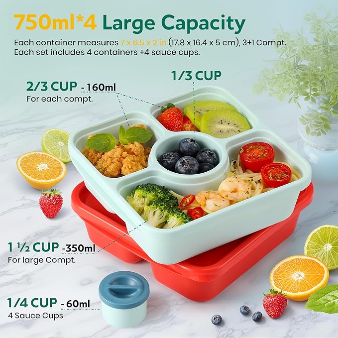QQKO Bento Snack Box Containers for Adults Kids, Meal Prep Containers Reusuable Bento Lunch Box, Lunchable Food Storage Containers with Lids and Sauce Cups, Vivid Red
