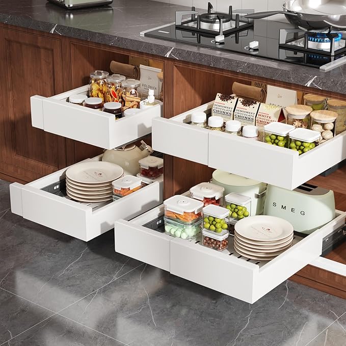 Seinloes 2 Pack Pull Out Cabinet Organizer Expandable Width(11"-16") and Depth(13"-17"),Slide Out Drawers With Raising Pad for Framed Cabinets,No Drill Roll Out Shelves for kitchen,Bathroom,White