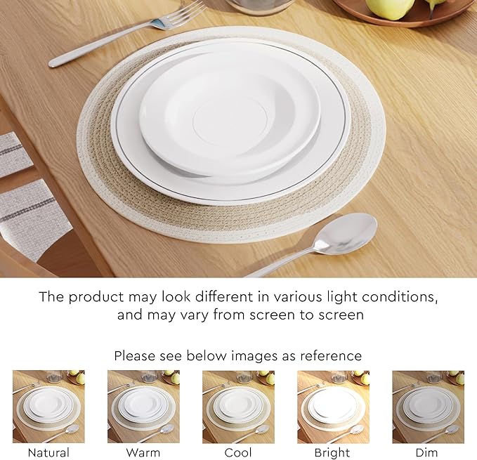 Encasa XO Dining Placemats Set of 6 | Cotton Round Table Mat - 13 in Diameter | Beige & Off White | Handmade Rib Style Chargers for Dinner Plates