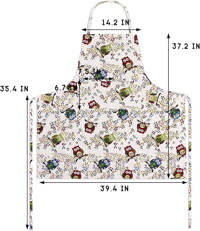 Sanlykate Extra Large Canvas Cotton Apron for Men & Women, Plus Size Durable Aprons with 2 Pockets, Adjustable Bib Machine Washable Oversized Aprons for Baking, Cooking, Painting - Owl