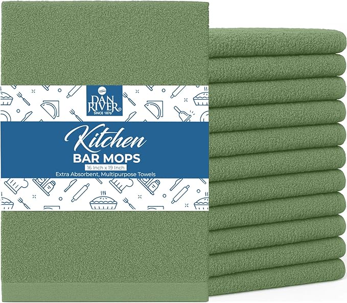 DAN RIVER Kitchen Bar Mops,Pack of 12,16 by 19 Inches,100% Cotton Super Absorbent,Multi-Purpose Cleaning Towels for Home and Kitchen Bars-Sage Green