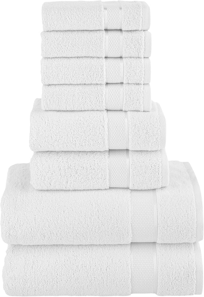 Elegant Comfort Premium Cotton 8-Piece Towel Set, Includes 4 Washcloths, 2 Hand Towels and 2 Bath Towels, 100% Turkish Cotton - Highly Absorbent and Super Soft Towels for Bathroom, White
