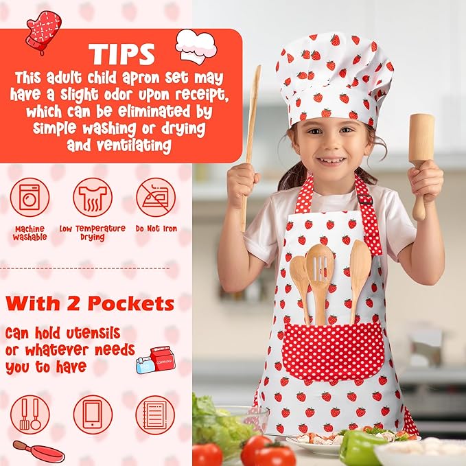 R HORSE Kid Apron and Chef Hat Set - 2Pcs Strawberry Adjustable Children Kitchen Toddler Apron for Girls, Role Play Chef Toy Cooking Baking Painting and Training Kits Kid Funny Cooking Birthday Gift