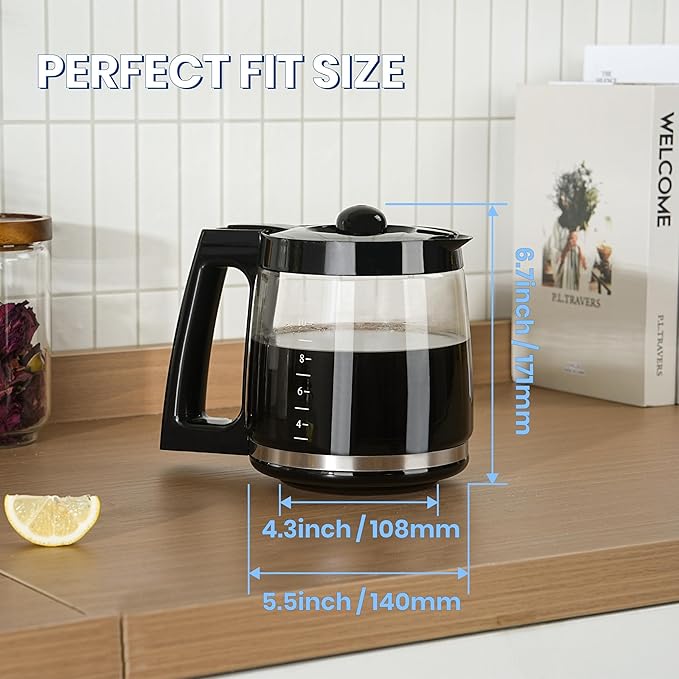 12-Cup Glass Carafe Replacement Pot, Compatible with Hamilton Beach Coffee Maker Models 46310, 49976, 49966, 49350, 49957, 49954, 49933, 49980A, 49980Z, 49983, 49618, 46300, and 49950.