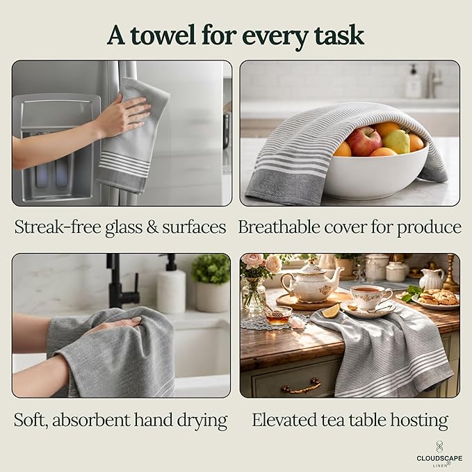CLOUDSCAPE Kitchen Towels Set of 6 : Cotton-Blended Dish Cloths, Waffle Weave Quick-Drying Dish Towels for Kitchen Essentials, Highly Absorbent, Durable 18”x28” Hand Towels with Hanging Loop - Grey