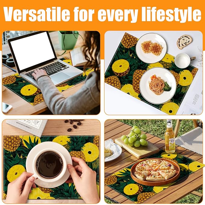 Pineapple Hawaiian Tropical Placemats Set of 6,12 x 18 Inch Table Mats Washable Heat Resistant Linen Fabric Rectangle Place Mat for Party Home Kitchen Dining