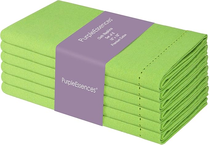 PurpleEssences Set of 6 Hemstitch Cloth Dinner Napkins 100% Cotton - Soft Durable Washable - Ideal for Wedding Spring Easter Summer - Perfect Everyday Use Table Linen 18x18 - Apple Green