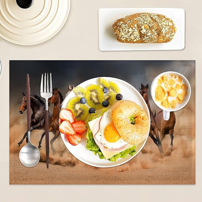Horse Herd Run in Desert Placemats Set of 6,12x18 Inch Table Mats forKitchen Table Washable Farmhouse Linen Table Mats Dining Decoration