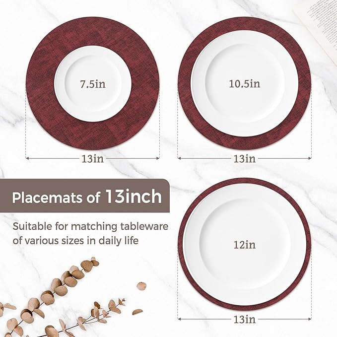 13"Round Placemats Set of 8, Reversible Faux Leather Heat Resistant Table Mats, 100% Waterproof Oilproof Wipeable Table Protective Placemats for Vinyl, Washable for Indoor & Outdoor Use (8, burgundy)