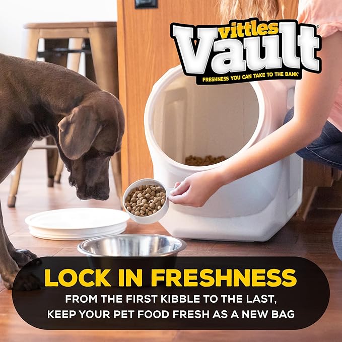 Vittles Vault Traditional Pet Food Storage Container For Dog Kibbles/Bird Seed/Oatmeal/Rice/Flour/Cereal, BPA Free Plastic, Sealed Airtight For Cat Food, Up To 60 lb, Made in USA, With Scoop, Gray