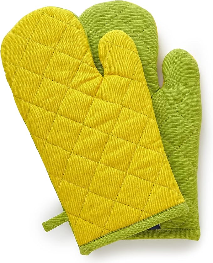 Encasa XO Heat Resistant Cotton Oven Gloves Mitts (2 Pc Set) - Quilted & Safe 12x6.6 in - for Kitchen, Cooking & Baking, Grilling, Handling Hot Pots & Pans - Lime Green