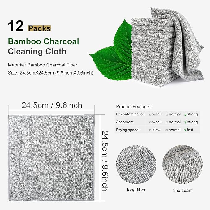 Kitchen Cloth Dish Towels (12 Pack), Premium Dishcloths, Super Absorbent Microfiber Cleaning Cloth, Nonstick Oil Washable Fast Drying Dish Rags for Washing Dishes (Grey)