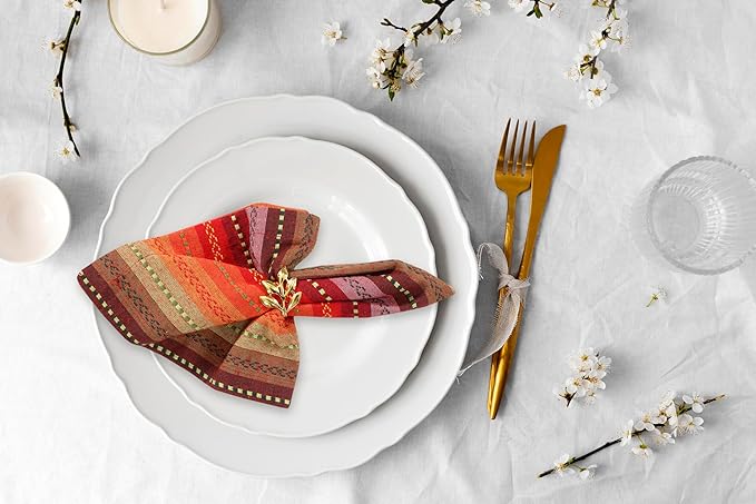ACCENTHOME 100% Cotton Salsa Stripe Napkin Set of 12 18x18 inch Red/Rust Multicolour Dinner Napkins - Washable Soft Premium Hotel Quality Reusable Perfect Table Linen for Family Dinners Weddings