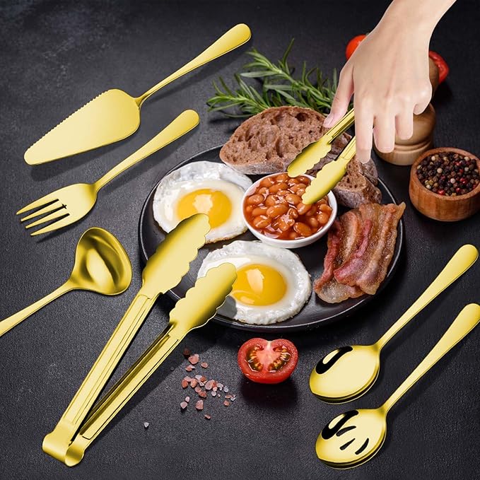 Gisly Gold 12 Pieces Serving Utensils Include Large Serving Spoons,Slotted Serving Spoons,Serving Forks,Serving Tongs,Appetizers Tongs,Soup Ladle and Pie Cake Server for Buffet Catering