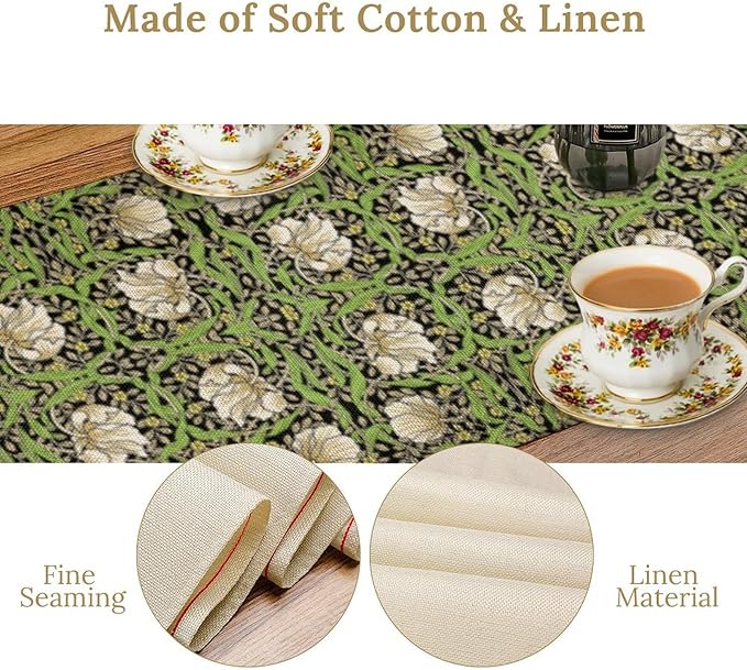 William Morris Vintage Floral Table Runner Farmhouse Sage Green Art Printed Dinner Runner for Home Kitchen Dining Table Decor Fabric 1 Panel W13xL120in