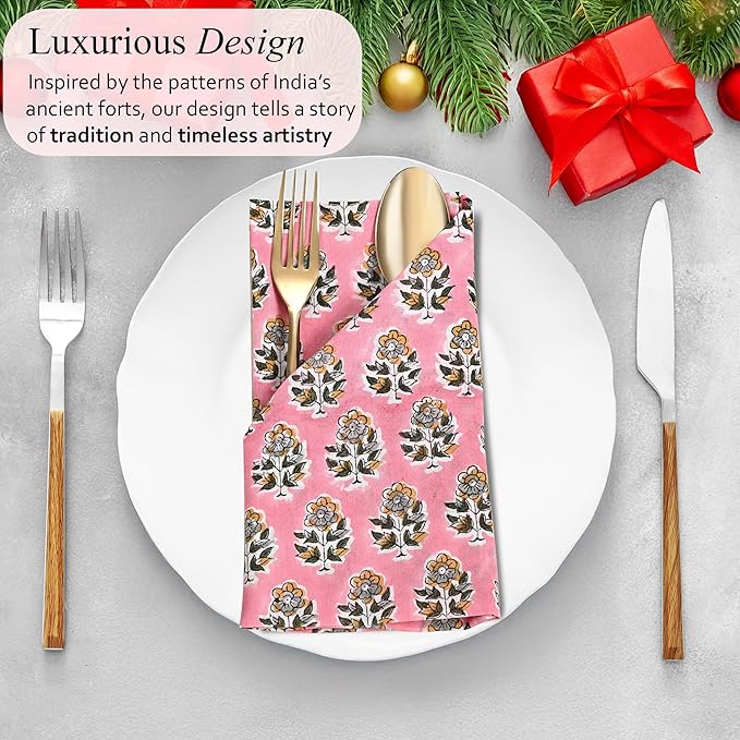 CPC Poppy Pink Indian Block Print Cotton Cloth Napkins Set of 4, 18x18 Reusable Everyday Napkins, Soft, Absorbent, Floral Dinner Napkin, Holiday, Party Gift, Spring,Mother's Day