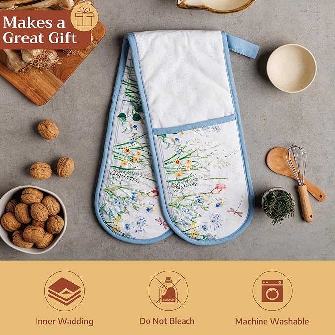 Maison d' Hermine Double Oven Mitts 100% Cotton 7"x35" Double Oven Mitt Heat Resistant BBQ Cooking Gloves with Loop Baking Grilling Gifts for Mothers Day Spring Summer (Fleurs De Mai)
