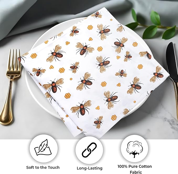 Urban Villa Cloth Napkins Honey Bee Print 100% Cotton Absorbent Dinner Napkins (Set of 6) Oversized 20x20 Inches Soft Durable Reusable Washable Ideal for Everyday Use Wedding Parties Premium Quality